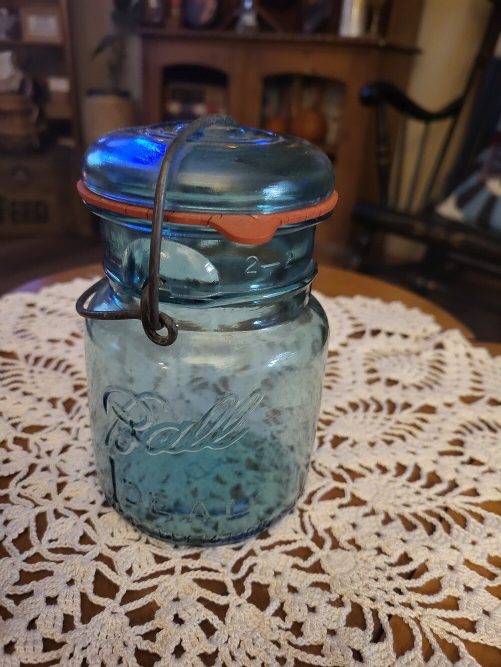 5½" Vintage Blue Ball Ideal Wire Side Mason Jar Stamped #9 With Top